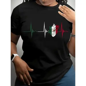 Women's Mexican Flag Heartbeat Graphic Tee, Crew Neck Short Sleeve, Casual Black Top for Spring & Summer