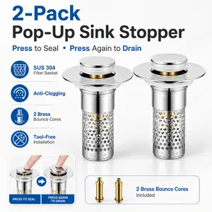 Universal Stainless Steel Anti-Odor Sink Stopper and Bathtub Drain with Hair Catcher & Removable Filter Basket for Easy Cleaning, Brass Pop-Up Drain Plug with Bouncing Core, Modern Home Goods