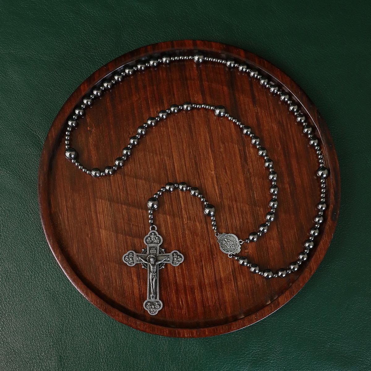 Large Heavy Rosary,Hematite rosary beads catholic for men and women,Rosary Necklace for men with Virgin Mary medal & cross,Handmade of rosarios catolicos Cross Necklace Catholic Gifts