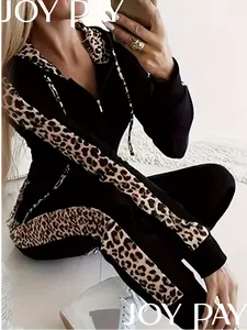 Women's Leopard Patchwork Zip-Up Hoodie and Jogger Pants Two-Piece Set Trendy Casual Loungewear Sporty Outfit Fabric Womenswear
