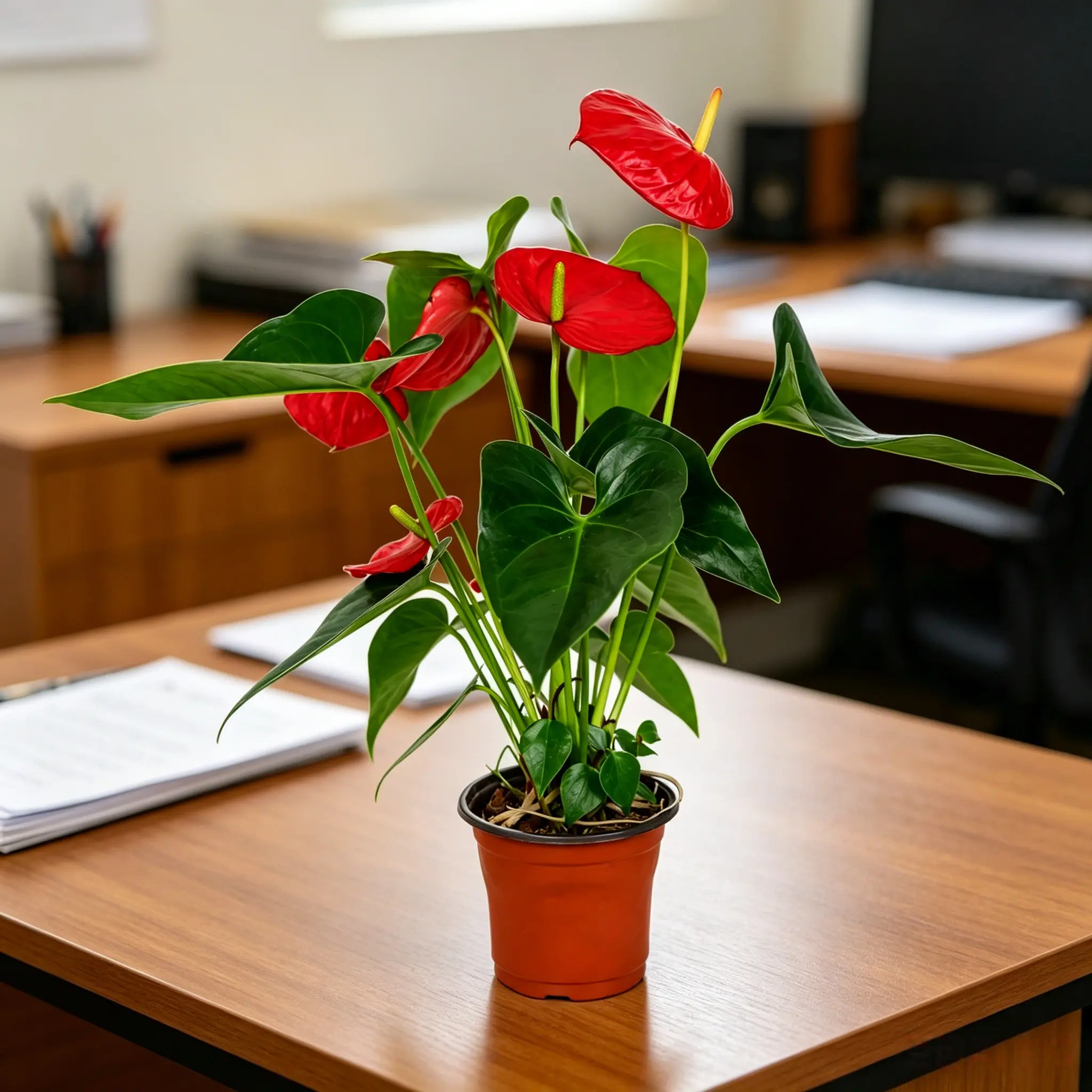 LZ13 Anthurium Red Live Indoor Plant in 4 Inch Nursery Pot, Tropical Flamingo Flower with Glossy Green Leaves and Red Blooms, Decorative Houseplant for Home Office Desk Shelf and Bright Spaces