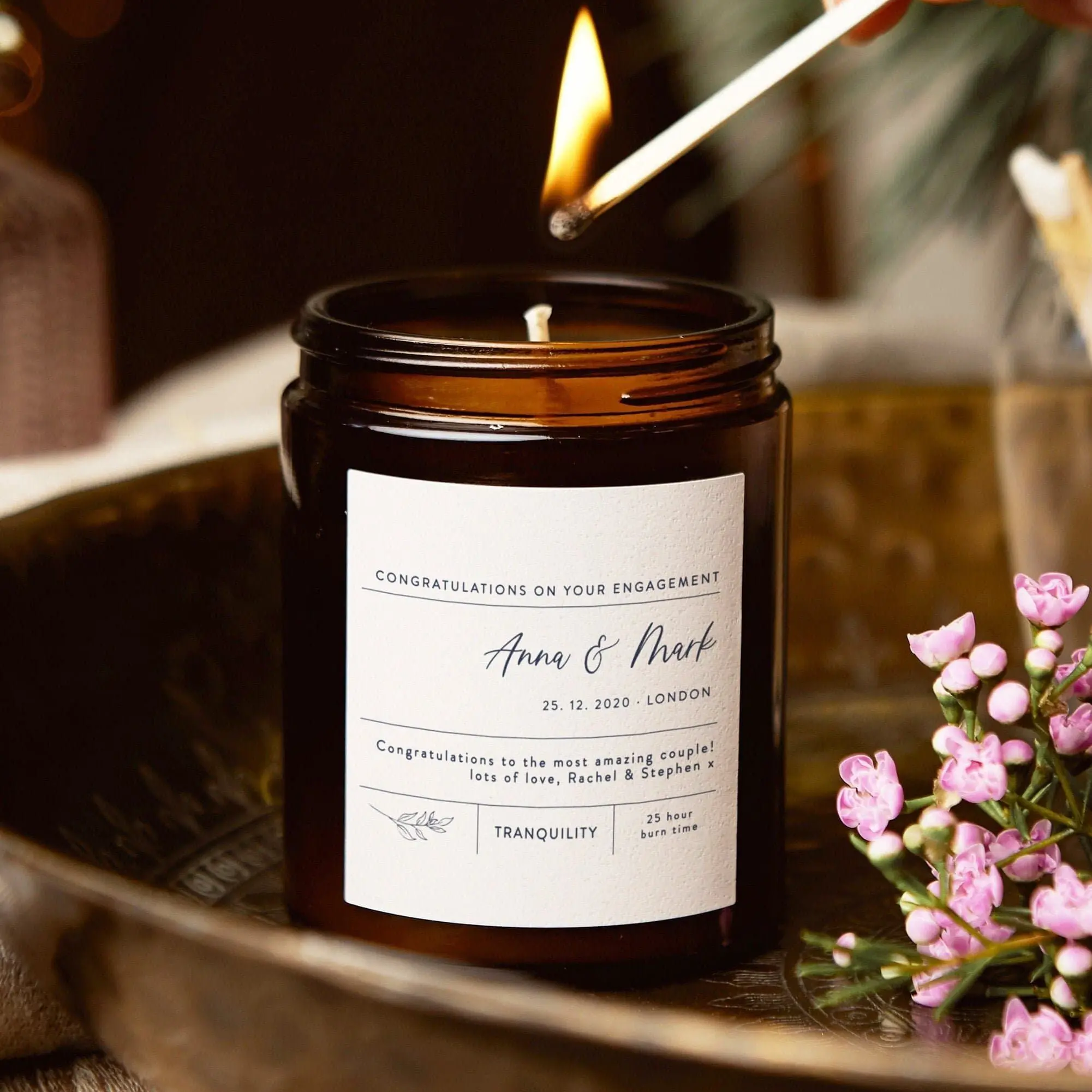 Engagement Gift Scented Candle, Personalised Engagement Candle for Couple