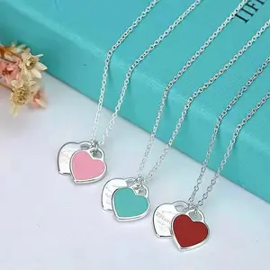 Silver Plated Double Heart Pendant Necklace for Women, Dainty Enamel Heart Tag Choker, Classic Minimalist Everyday Fashion Jewelry Gift