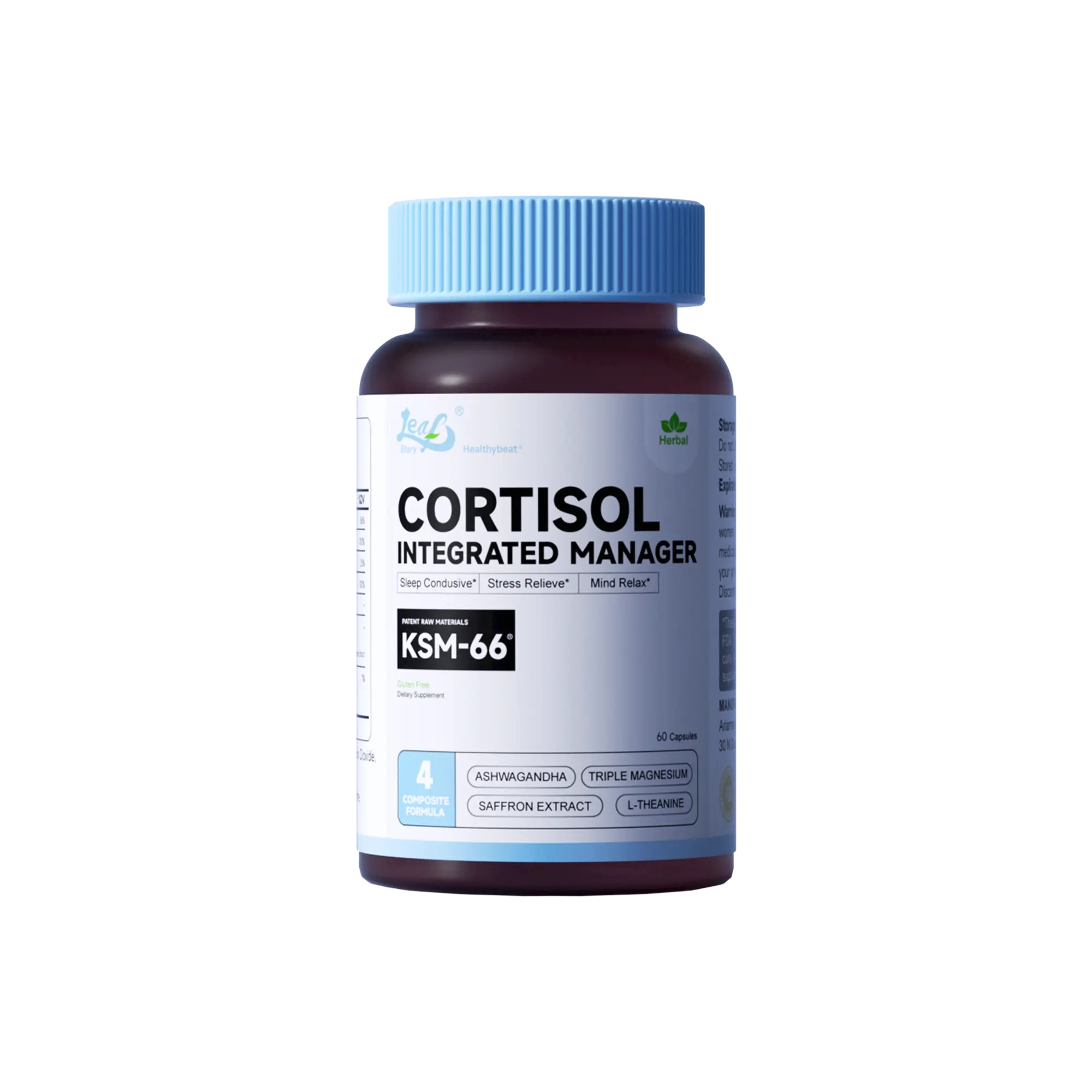 LeafStory Cortisol Supplement, 4 In 1 Cortisol Manager 60 Ct, Ksm-66 Ashwagandha Extract, Magnesium, L-Theanine & Blended Vitamin for Stress Relief, M