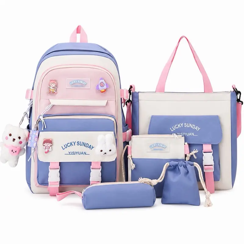 Kawaii Backpack 5pcs Set 17in Aesthetic sports bag with Cute Backpack, Shoulder Bag, Pencil Box, Tote Bag, Small Bag