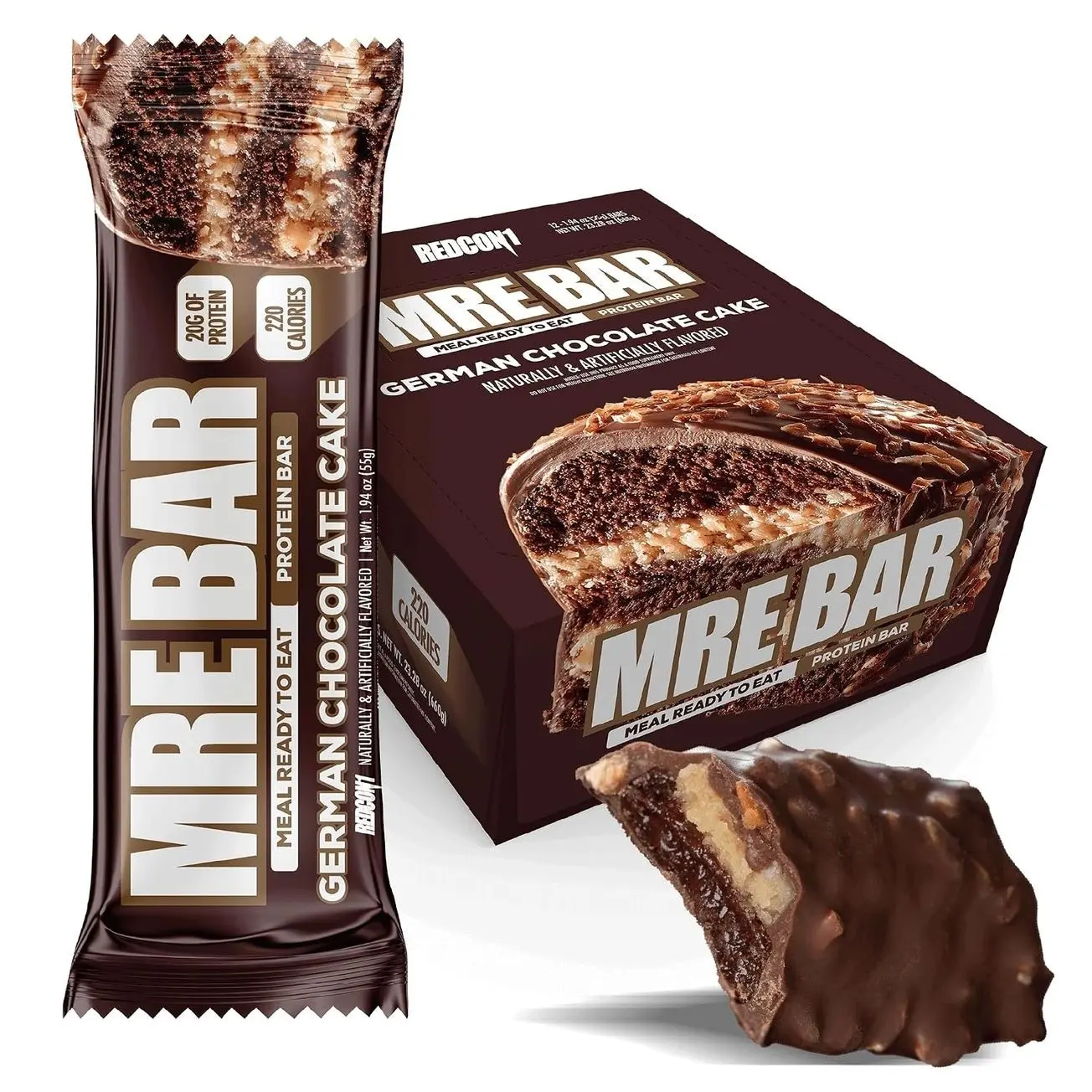 REDCON1 MRE Protein Bars German Chocolate Cake - 12 Count, 20g High Protein Snack - Nutrition Bar - On-The-Go Breakfast or Post-Workout Snack