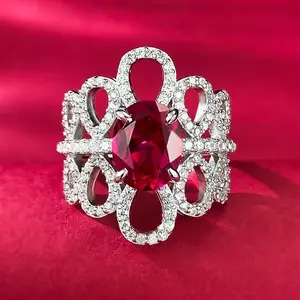 【965】Victorian-Inspired Floral Lace Ring | 7x9mm Fiery Red Oval Zirconia Center | Wide Pavé Diamond-Cut Zirconia Band | Statement Cocktail Ring