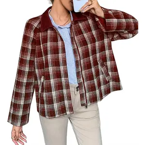 Lannew Womens Plaid Cropped Jackets Barn Lightweight Flannel Zip Up Utility Coat Casual Short Jacket with Pockets
