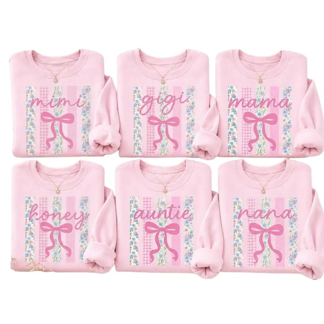 Personalized Grandma Mom Sweatshirt, Custom Mimi Gigi Mama Honey Auntie Nana Floral Bow Crewneck, Coquette Pink Aesthetic Family Mother’s Day Gift for Women, Cute New Grandma Spring Shirt, Soft Floral Garden Graphic Long Sleeve Pullover