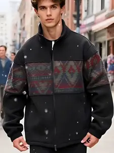 Men's Stand Collar Full Zip Cardigan Sweatshirt Ethnic Pattern Casual Jacket Fleece Lined Warm Loose Baseball Jersey for Autumn Winter