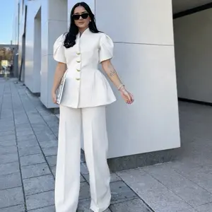 White Women Blazer Pant Set with Gold Metal Button Formal Corporate Casual Blazer Set Chic Sophiaticates Women's Suits & Sets Clothing stylish camouflage