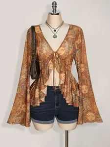 MALINDA Plus Size Y2K Retro Floral Print Front Tie Knit Top Sunray Paisley Print, Boho, Flare Sleeve Sheer Print Blouse