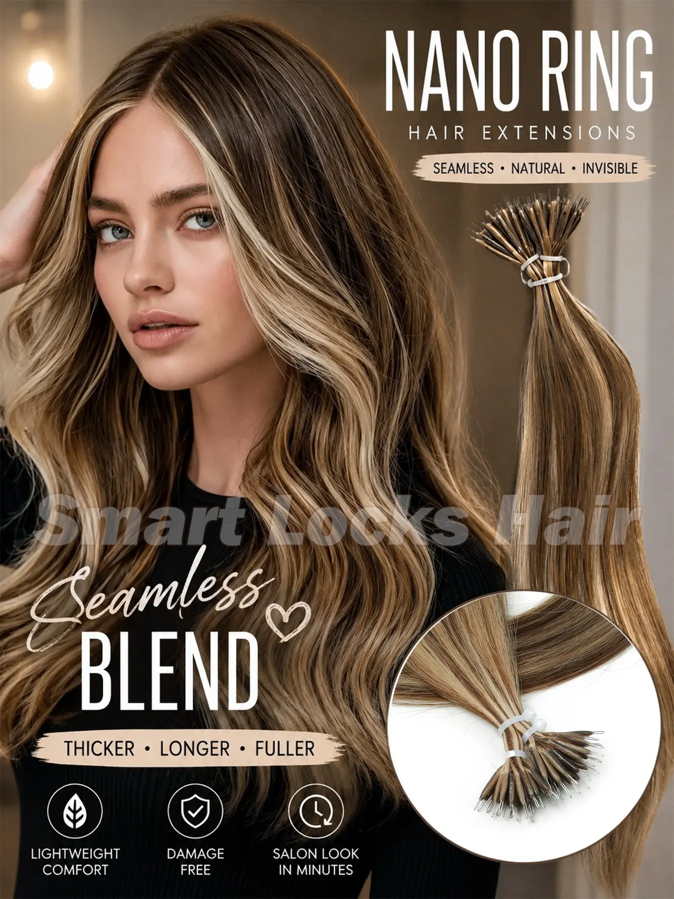 Seamless Nano Ring Human Hair Extensions – Invisible Natural Balayage Blend