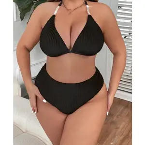 Strapless backless plus-size swimsuit for women, solid color high-waisted sexy bikini set