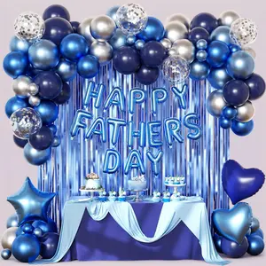 Father's Day Party Decorations Kit - Metallic Blue Silver Balloons with Confetti, Foil Fringe Curtain & Happy Dad Banner, Complete Party Supply Set for Men's Birthday, Anniversary, Retirement (25 Pcs)