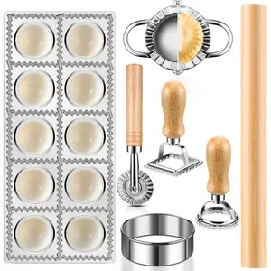 8 Pieces Ravioli Mold Set, Ravioli Cutter with Roller Wheel, Wooden Handle Ravioli Cutter Set, Pasta Making Kit for Ravioli Press Mold, Suitable for Home and Restaurant Use