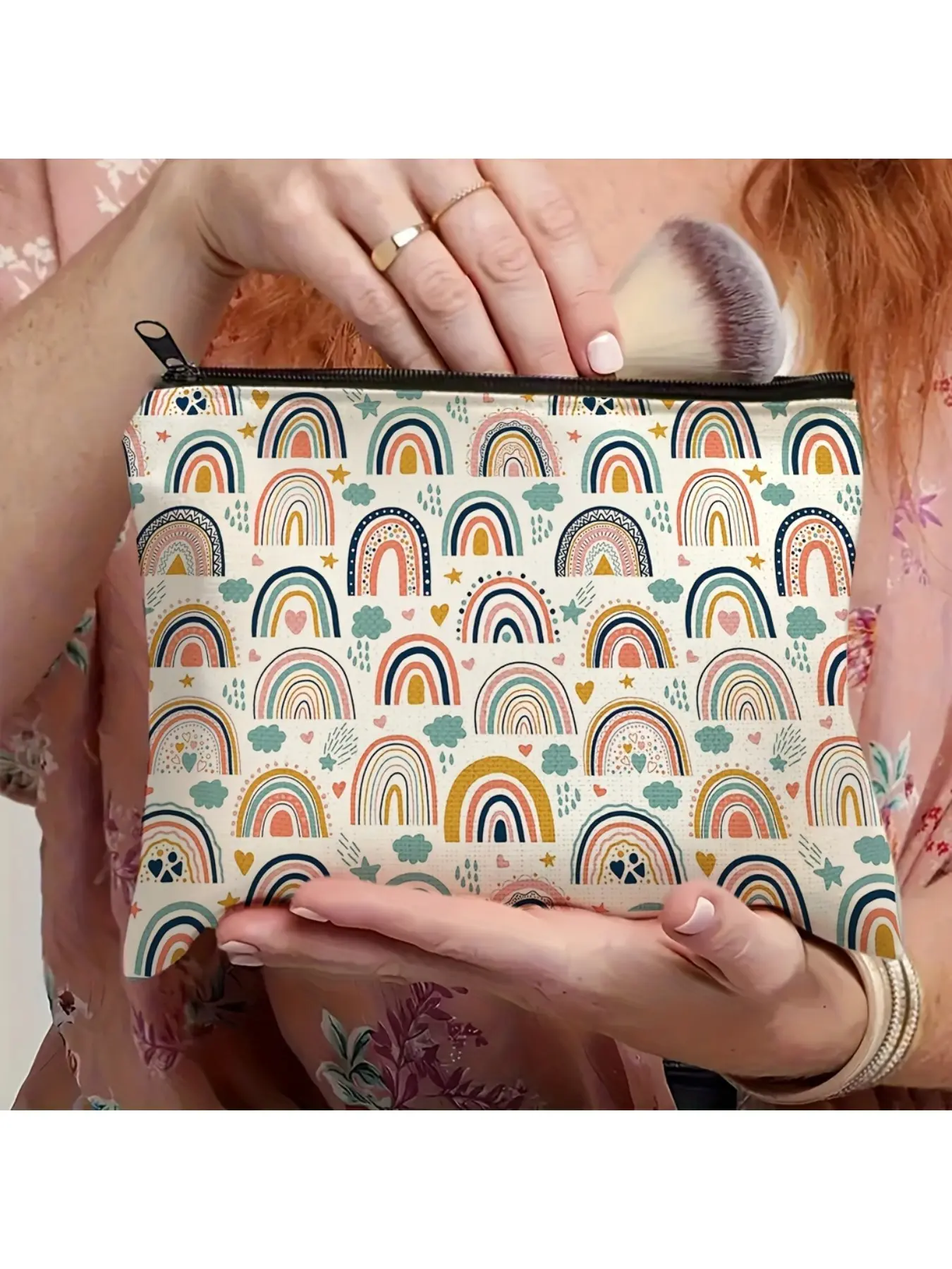 [1pc Bohemian Makeup Bag] 1pc Portable Bohemian Rainbow Makeup Bag | Vibrant Pastel Design with Stars & Hearts, Travel Cosmetic Pouch for Brushes & Accessories | Easycare Fabric, Perfect for Vacation, Camping, and Everyday Use