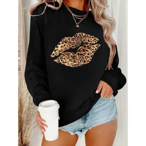 Stylish Leopard Print Crew Neck Sweatshirt - Fashion Sweatshirts for Women - Soft, Casual, Warm, and Cozy Winter and Fall Clothing for Ladies