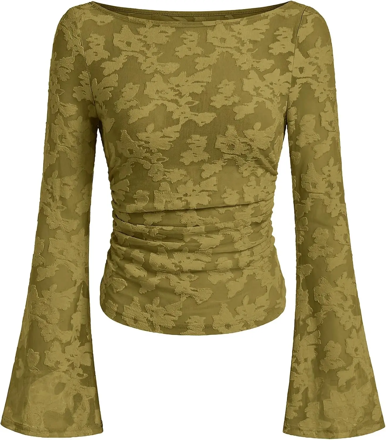ANRABESS Womens Bell Sleeve Long Sleeve Crop Tops | Floral Mesh Boat Neck Blouse, Slim Fit Bodycon Shirt, Soft Polyester Fabric, Trendy Elegant Going Out Work, Fall Spring Wear