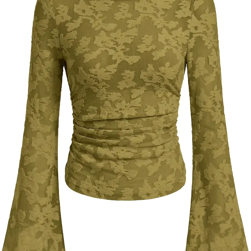 ANRABESS Womens Bell Sleeve Long Sleeve Crop Tops | Floral Mesh Boat Neck Blouse, Slim Fit Bodycon Shirt, Soft Polyester Fabric, Trendy Elegant Going Out Work, Fall Spring Wear