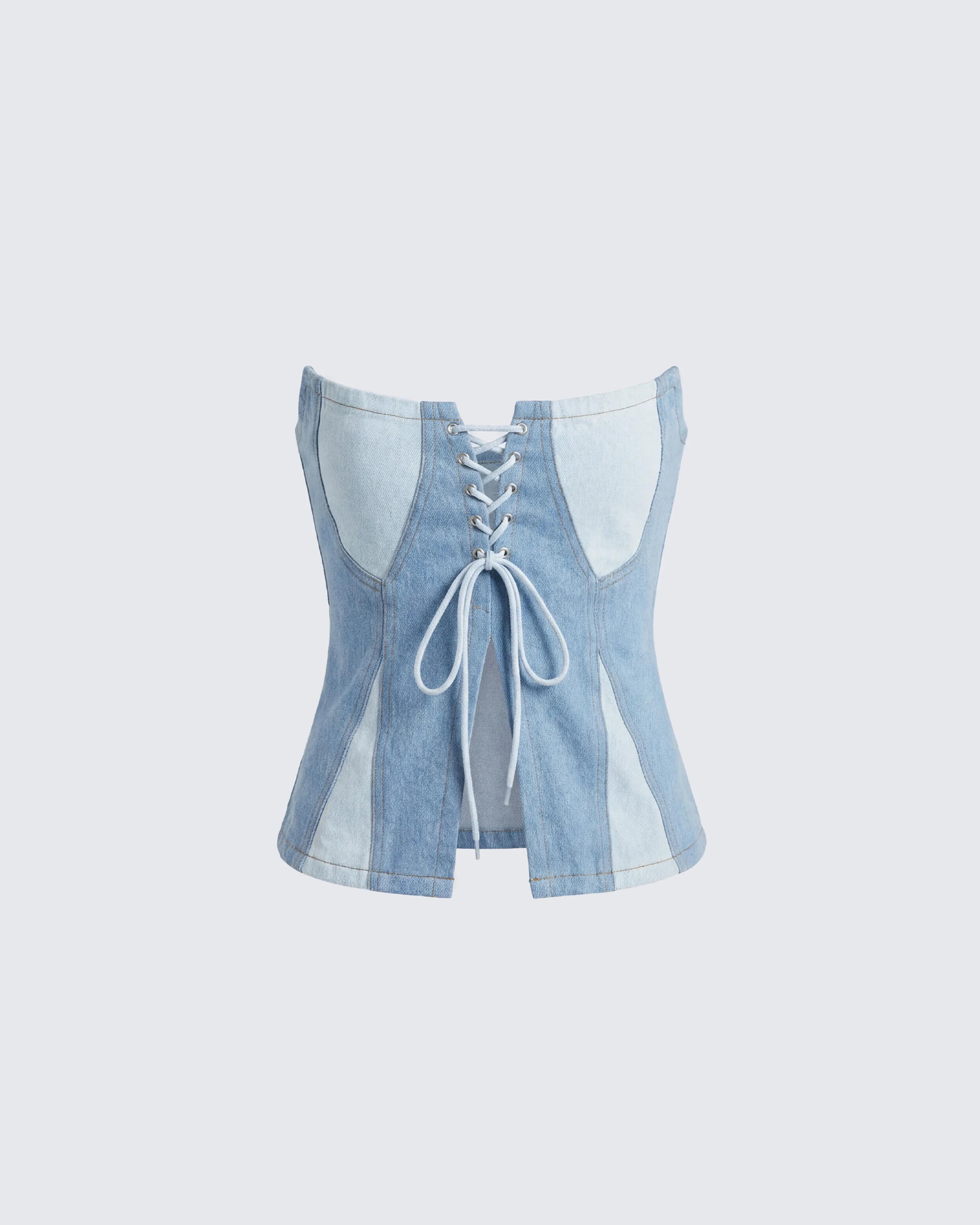 Women's Strapless Denim Corset Crop Top - Cotton Rayon Blend, Fitted, Front Lace-Up, Structured Boning, Boning Support, Contrast Stitch