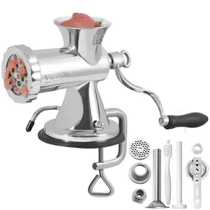 【FathersDayGift】VEVOR Manual Meat Grinder, 304 Stainless Steel Hand Meat Grinder with Suction Cup + Steel Table Clamp, Meat Mincer Sausage Maker & 2 Cutting Plates, Sausage Tube, Grinding Head for Beef Pepper Cookie
