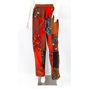 Earth Tone Mushroom Patchwork Cotton Straight Leg Pants