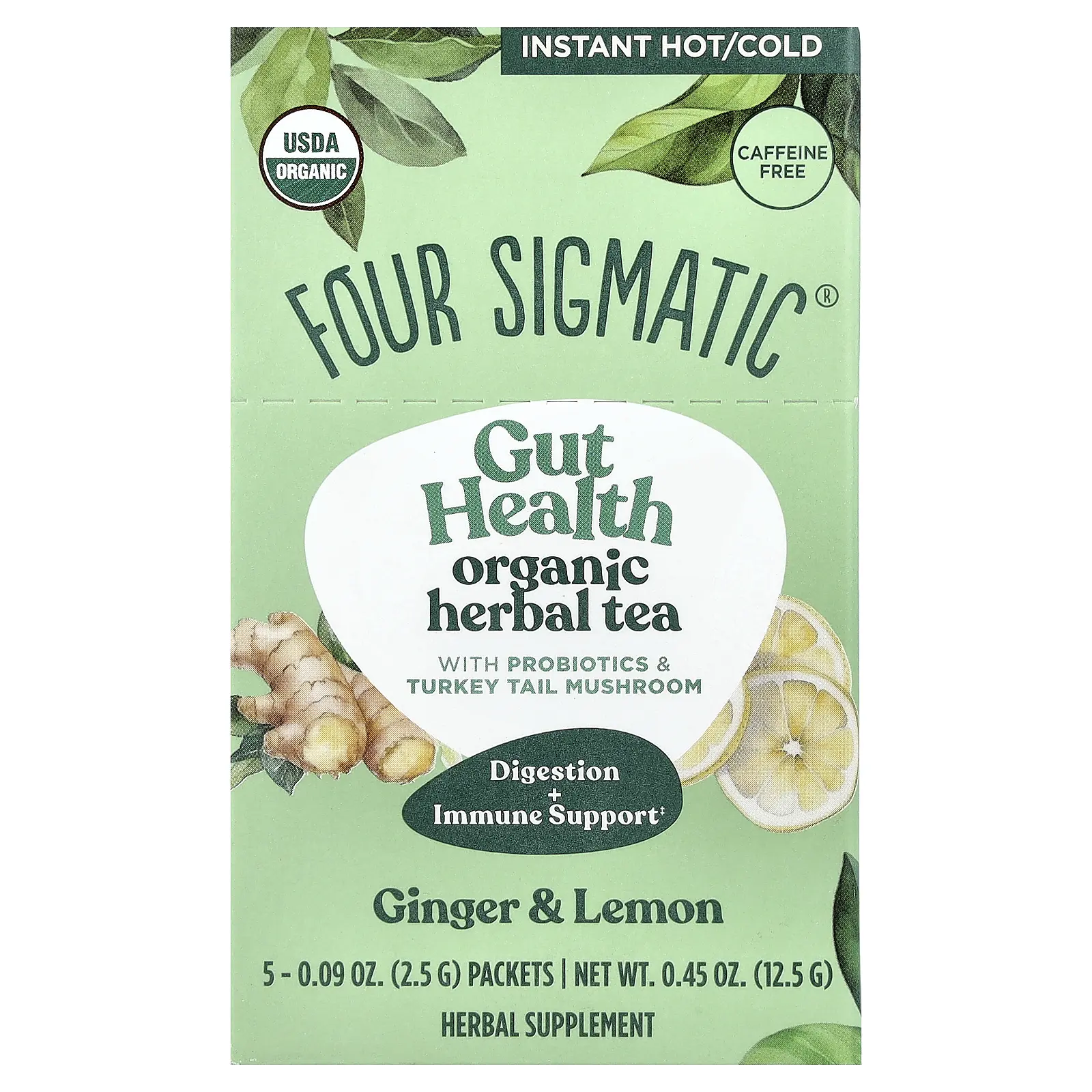 Four Sigmatic Gut Health, Organic Herbal Tea With Probiotics & Turkey Tail Mushroom, Ginger & Lemon, Caffeine Free, 5 Packets, 0.09 oz (2.5 g) Each