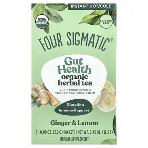 Four Sigmatic Gut Health, Organic Herbal Tea With Probiotics & Turkey Tail Mushroom, Ginger & Lemon, Caffeine Free, 5 Packets, 0.09 oz (2.5 g) Each