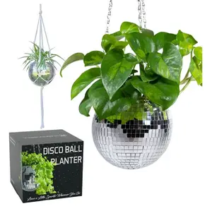 Scandinordica Disco Ball Planter 6 Inch Silver - Mirror Planter with Chain Macrame Hanger Acrylic Stand Self Watering Insert for Desk Decor Gift for Plant Lovers