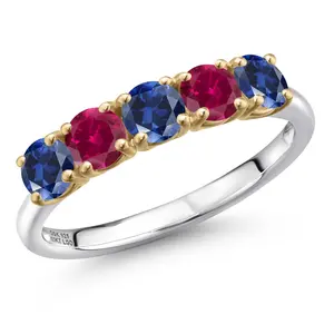 Gem Stone King 1.25 Cttw Blue Created Sapphire and Red Created Ruby Wedding-Bands Ring For Women | 925 Silver and 10K Yellow Gold | Round 4MM | Wedding Engagement Anniversary Promise Ring