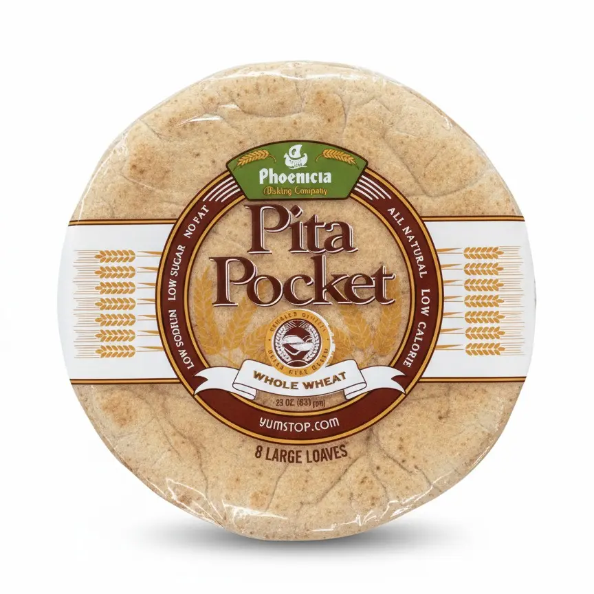 Phoenicia Whole Wheat Pita Pocket Bread - Fresh, Large, 8pcs, 23oz (653g) - Food for Meal Prep, Dips - High-Fiber Diet Bread