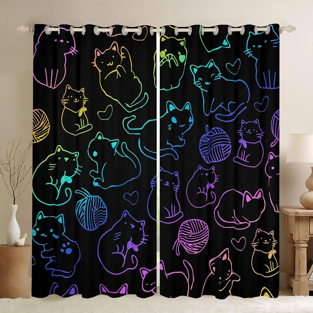 Feelyou Soft Velvet Cartoon Cute Grommet Window Curtains - 2 Panels Neon Lines Blackout Drapes, Multi-Size Character-Themed Animal Decor for Living Room Bedroom, Machine-Washable Home Interior Textiles, Window Covers, Two Panels