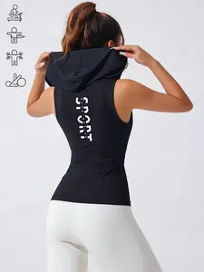 Women's Sporty Hooded Sweatshirt, Yoga Running Fitness Tight Sleeveless Top, Casual Mesh V-Neck Slim Fit, Sportswear For Running, Spring & Fall, Yoga Tops
