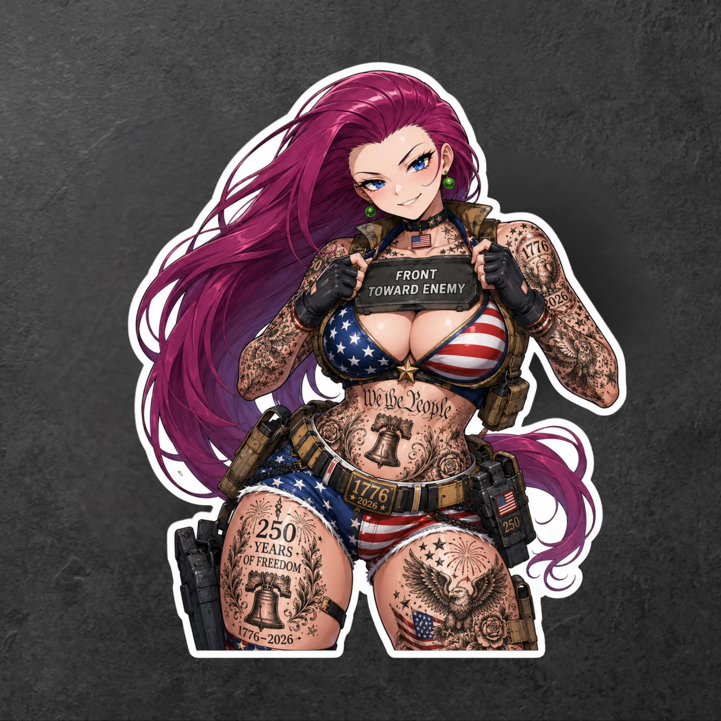 Magenta Hair Tactical Anime Girl Sticker, USA 250 Freedom Decal, Patriotic 1776–2026 Art for Laptop Bottle
