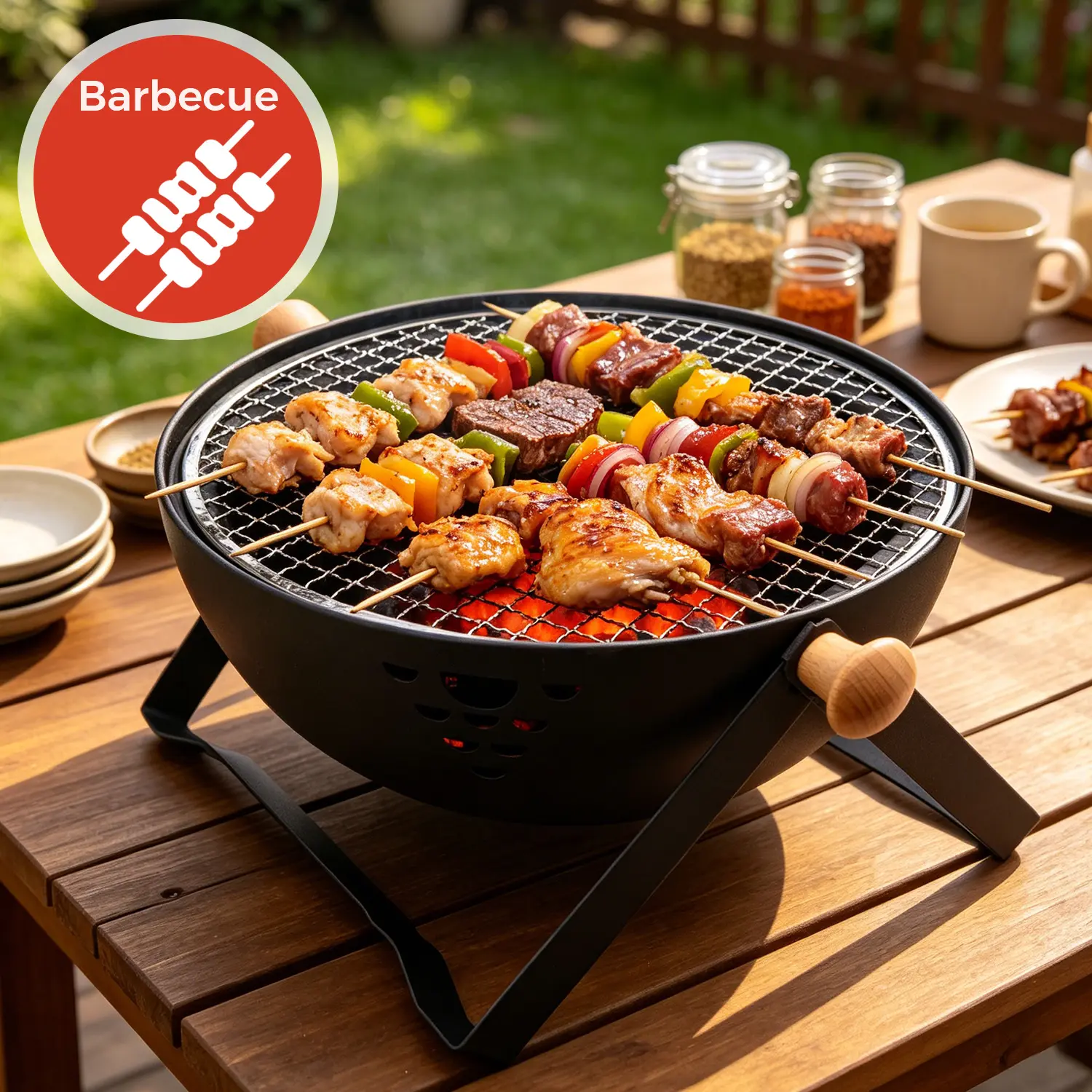 2-in-1 Outdoor Portable Hemispherical Charcoal Grill with Grilling Mesh & Frying Pan, Multi-function BBQ Grill for Camping Backyard Picnic