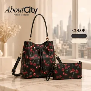 AboutCity Cherry Print Bucket Bag Set for Women, Cute Shoulder Bag with Matching Pouch, Black White Casual Crossbody Tote