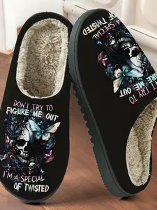 Men Women Skull Butterfly Cotton Slippers, Casual Home Footwear, Textile Upper & Rubber Sole, Fall Winter Trendy Design