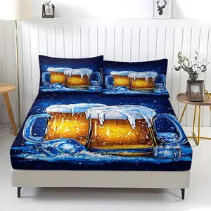 3-Piece Beer Patterned Bed Sheet Set, Including 1 Bed Sheet And 2 Pillowcases (Excluding Pillow Core), Comfortable Bedding, Non Slip Suitable For Bedrooms, Suitable For Children And Teenagers As Gifts And Decorations