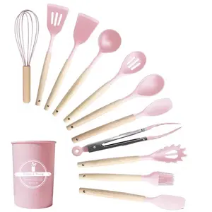 12-Pcs Kitchen Silicone Utensils Set | Black & Pink Available | Heat Resistant | Wooden Handle