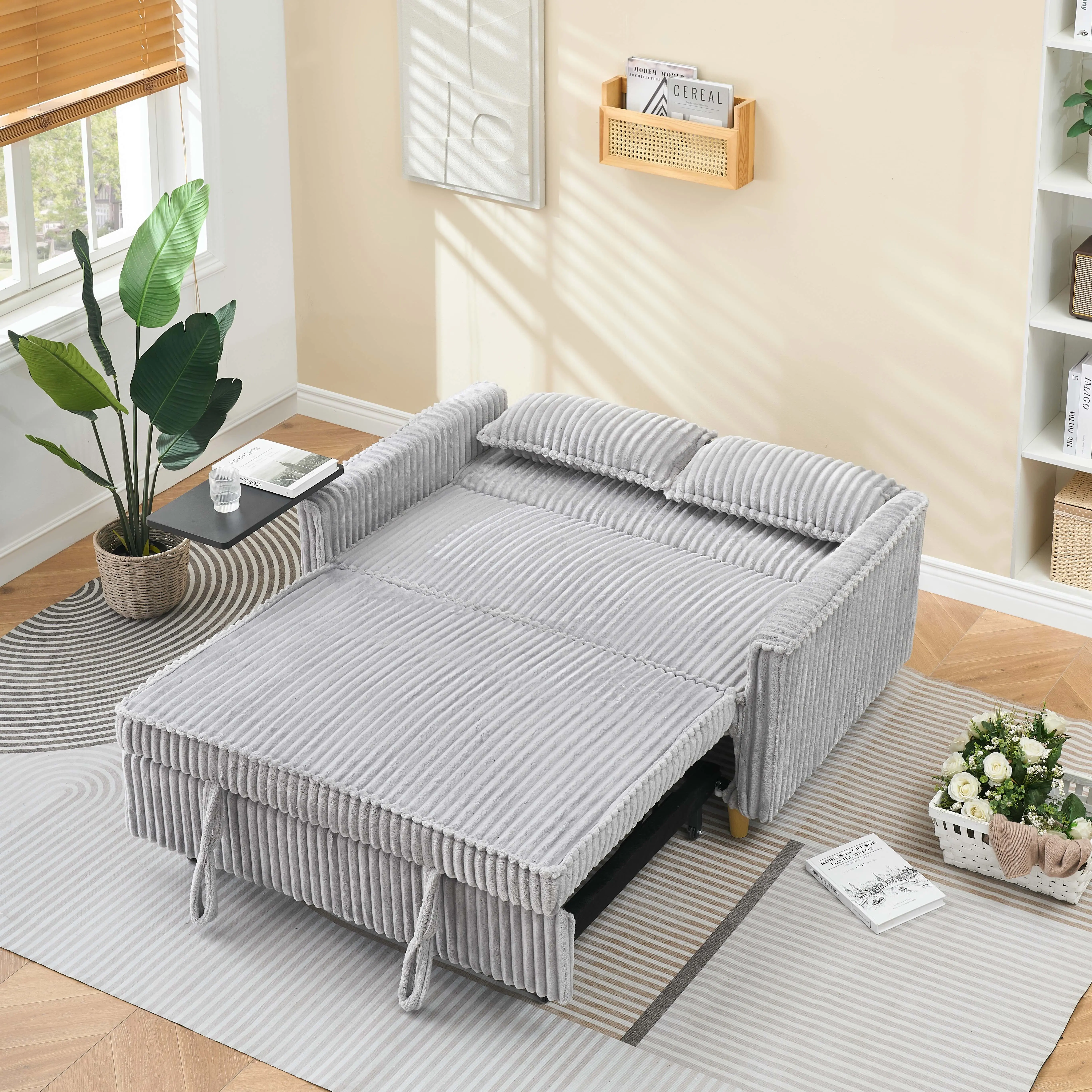 Pull-Out Corduroy Sofa Bed with Movable Tabletop and USB Ports, Adjustable Backrest, Convertible Sleeper Sofa for Living Room/Bedroom, Beige/Gray/Black/Green/Yellow