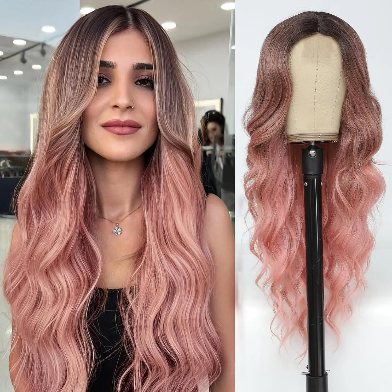Ombre Pink Wig for Women, Long Wavy Middle Part Synthetic Heat Resistant Wig for Daily Party