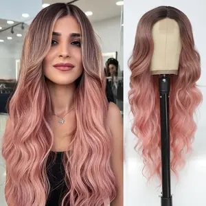 Ombre Pink Wig for Women, Long Wavy Middle Part Synthetic Heat Resistant Wig for Daily Party