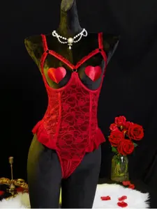 Christmas Sexy Lace Patchwork Mesh Cut-Out Thong Women's Jumpsuit with Steel Ring, 3 Piece Set, Perfect for Romantic Nights and Weddings