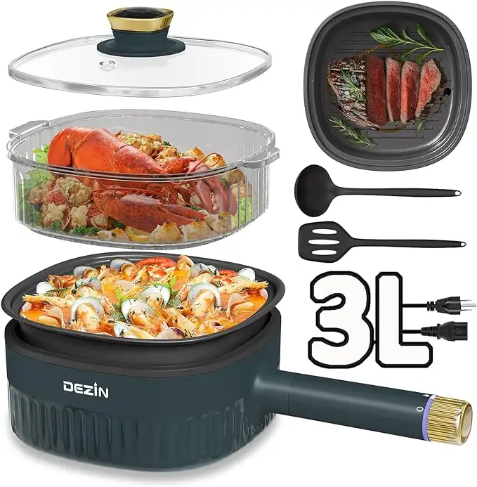 DEZIN Hot Pot Electric 3L, Nonstick Electric Pot with 1 Grill Pan & 1 Steamer, 3-in-1 Electric Cooker with Dual Power Level for Dorm, Family & Friend