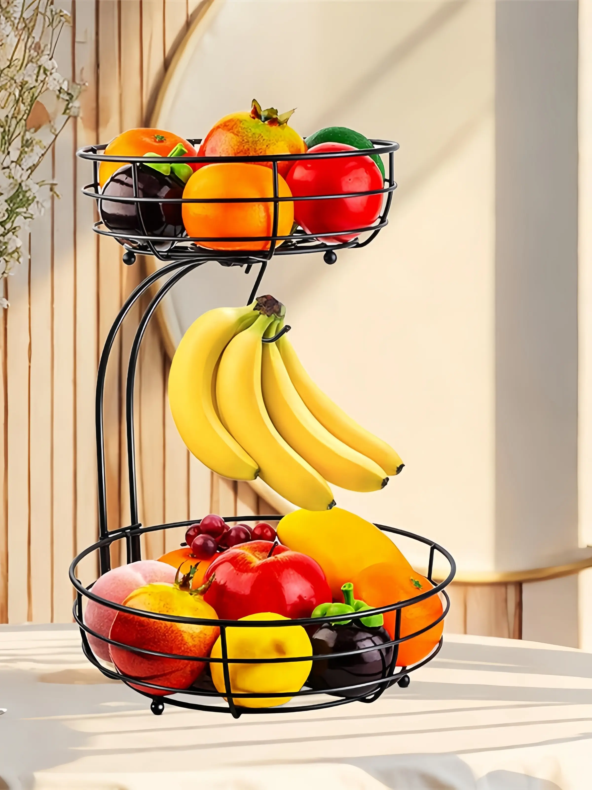 Household Double-Layer Fruit Bowl with Smooth Surface, Banana Hook & Multipurpose Storage Unit - Kitchen Counter, Living Room Organizer Basket