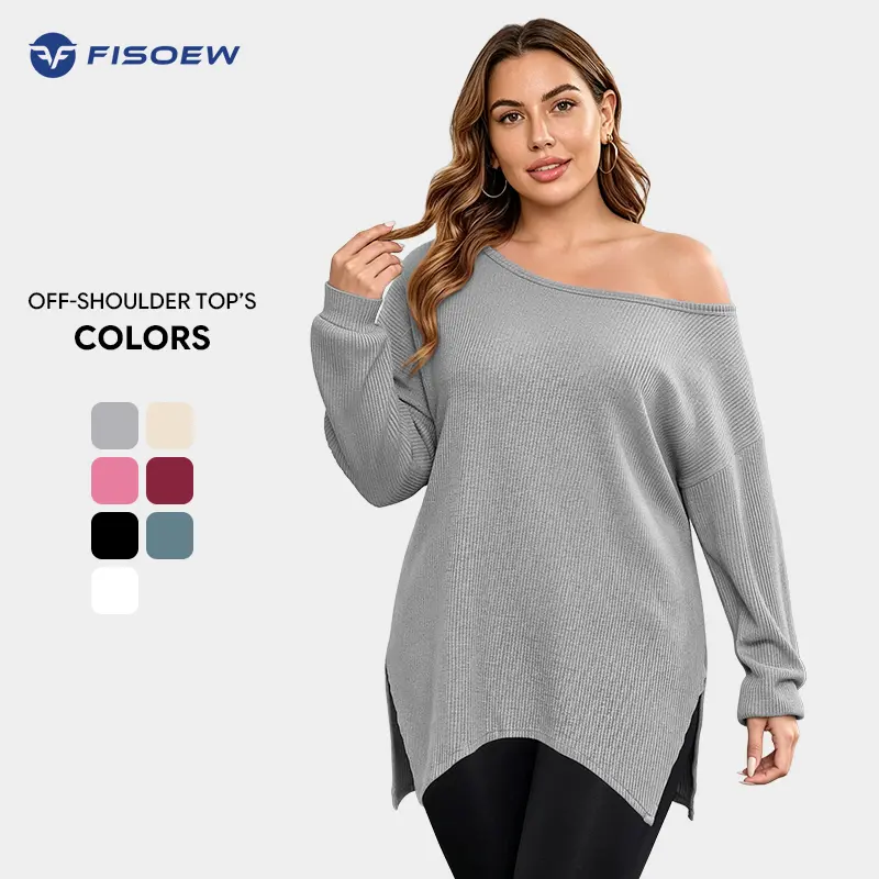 Fisoew Women's Off Shoulder Ribbed Tunic Top - Casual Comfy Pullover, Longsleeves Asymmetrical Neck Loose Fit Knitwear Shirt, Off Shoulder Tops, Women's Apparel