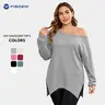 Fisoew Women's Off-Shoulder Ribbed Oversized Tunic Sweater - Casual Comfy Long-Sleeve Pullover, Asymmetrical Neck Loose Fit Knitwear, Big-Tall Clothes for Women, Long Sleeve Tops,sohochic