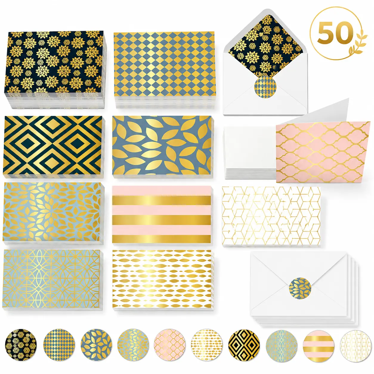 50 Blank Cards and Envelopes Set, 4x6 inch All Occasion Greeting Cards with 10 Elegant Designs & Matching Stickers, Bulk Thank You Cards, Invitations, Note Cards for Wedding, Birthday, Business Gifts