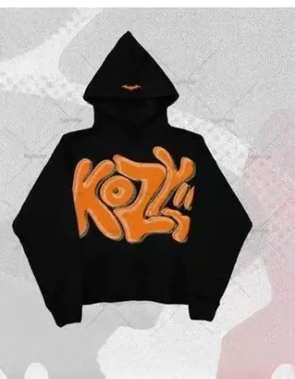 Y2K KOZY Graffiti Hoodie, Men Women Oversized Streetwear Sweatshirt, Gothic Bubble Letter Print Pullover with Bat Detail, Casual Harajuku Style
